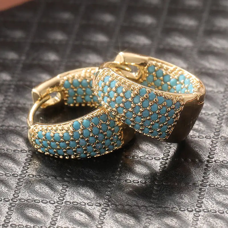 Elegant Golden-Tone Turquoise Beaded Hoop Earrings