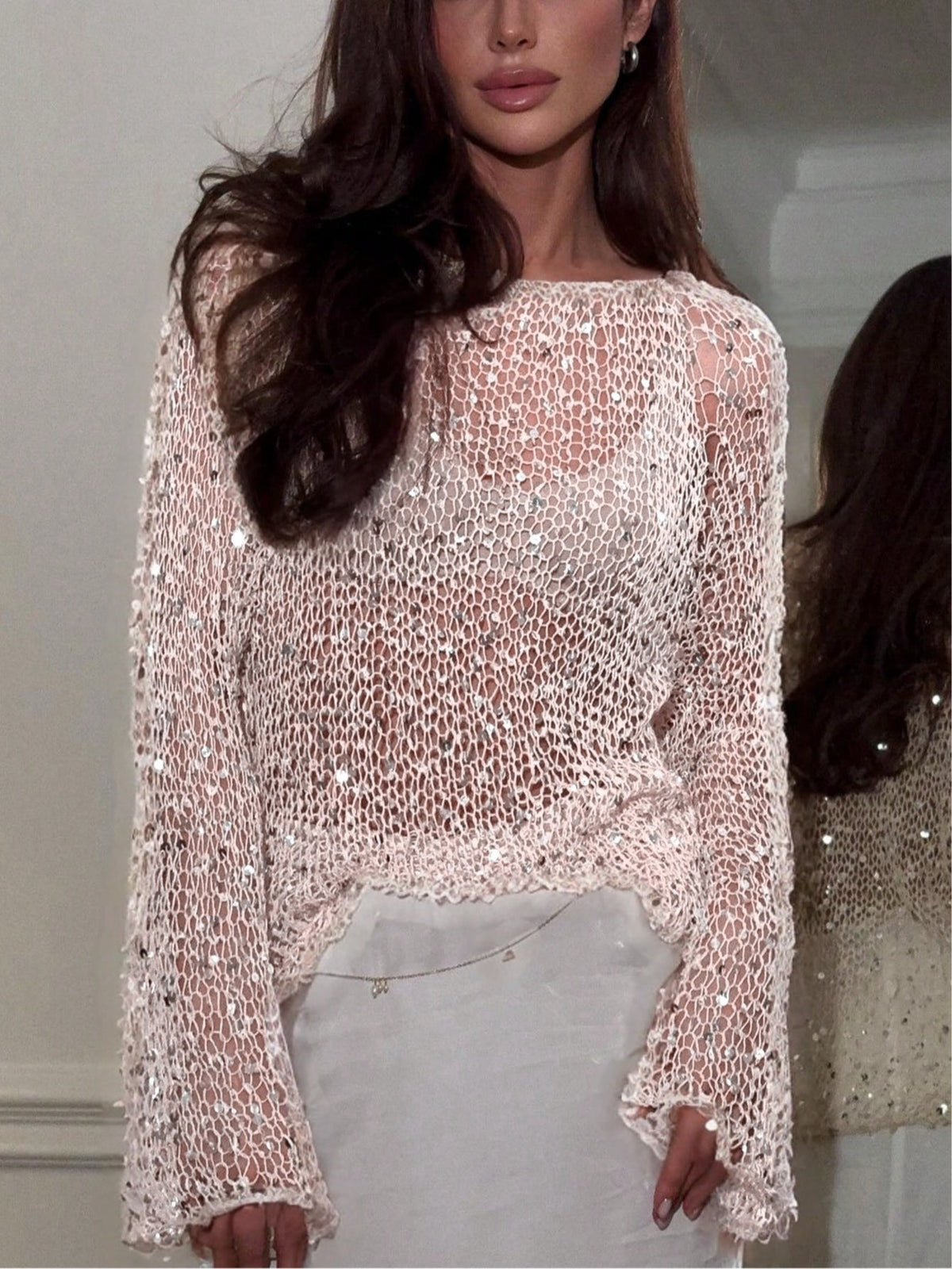 Sequined knitted hollow long-sleeved top