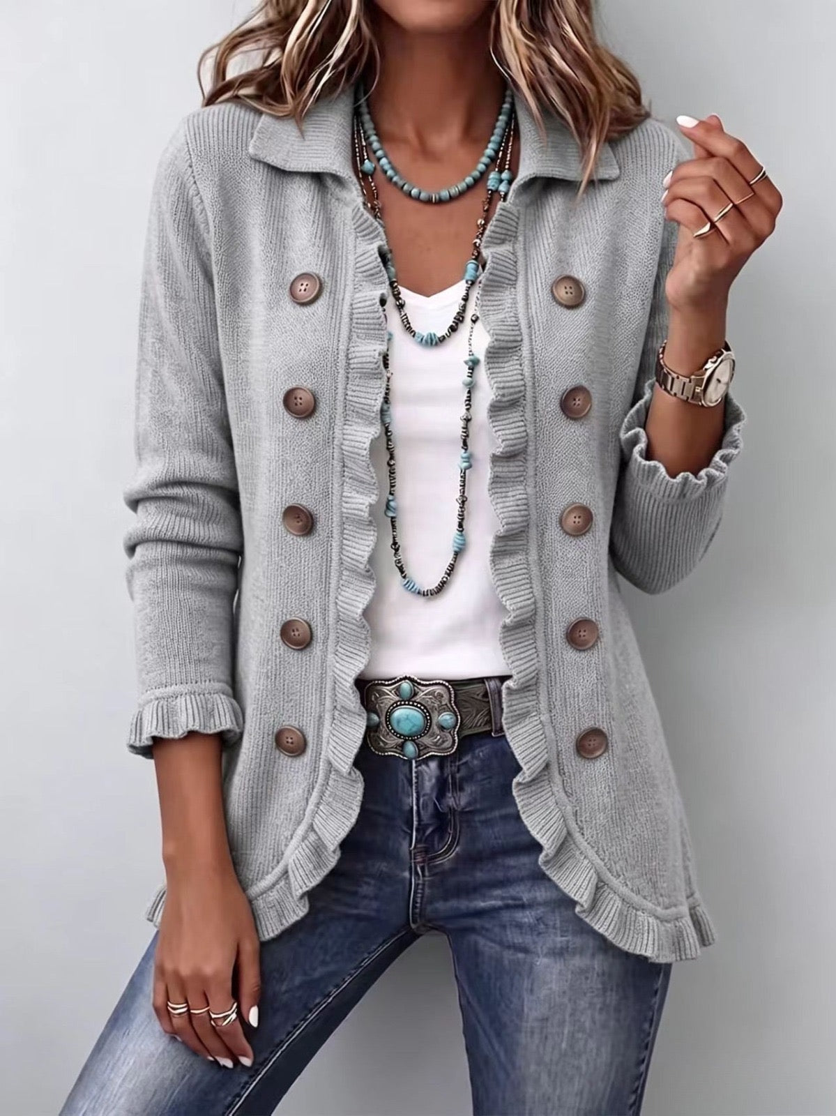 Eloísa | Gray Marbled Knit Jacket with Ruffles
