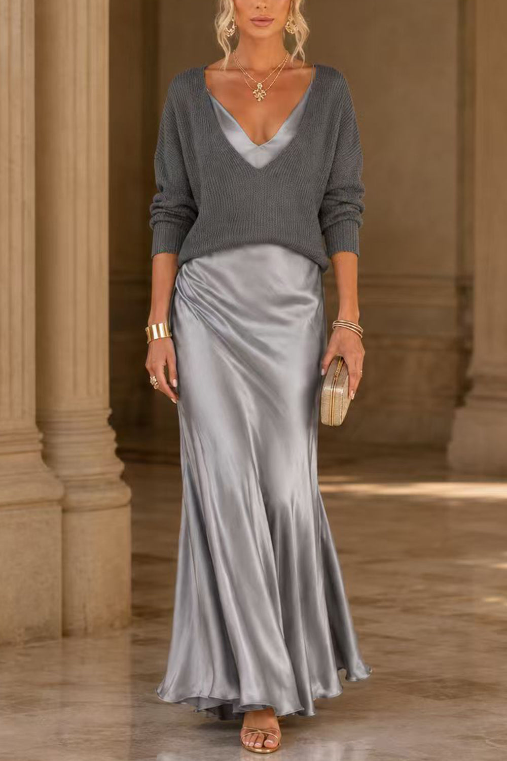 Jessa | V-Neck Sweater & Satin Maxi Dress Set
