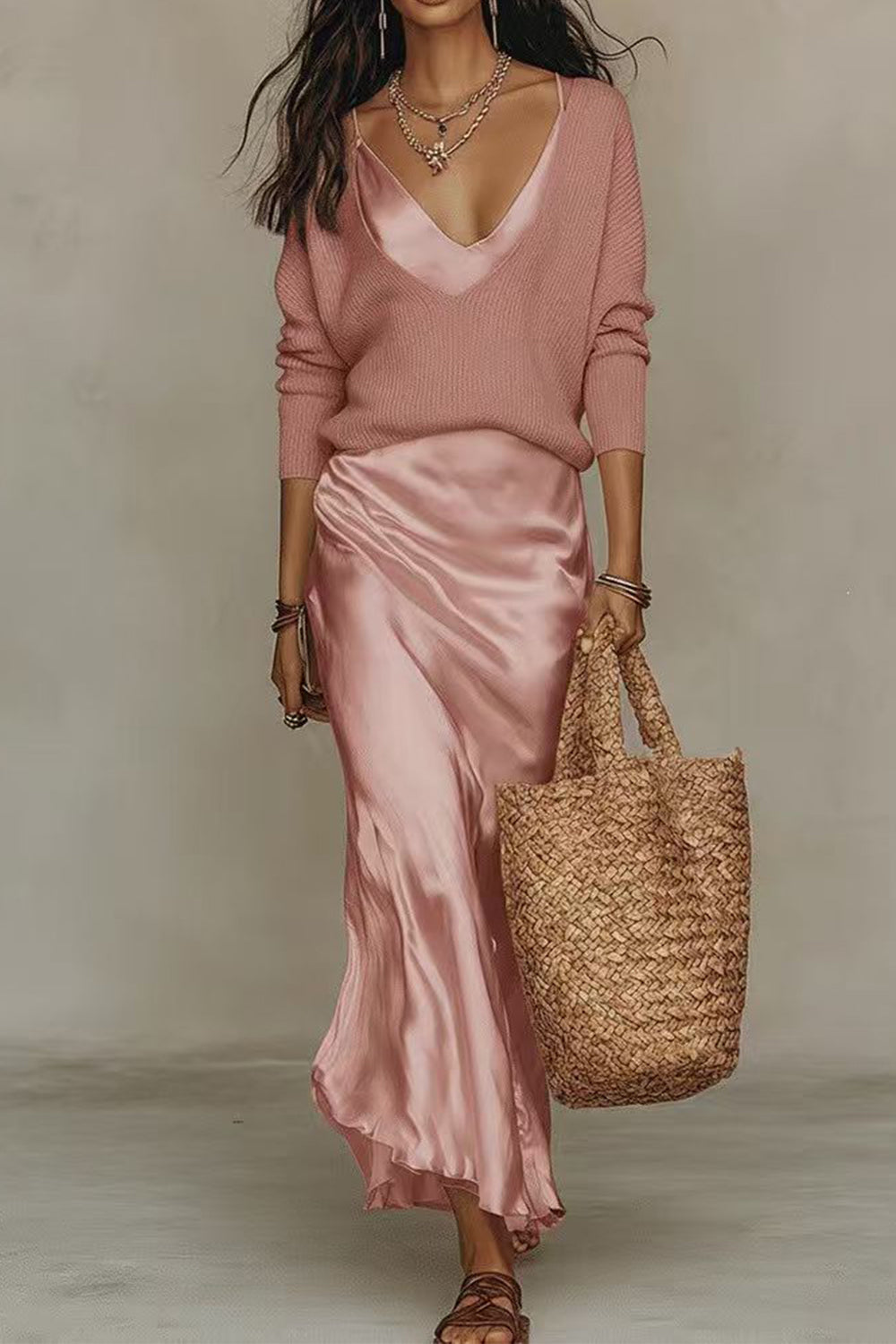 Jessa | V-Neck Sweater & Satin Maxi Dress Set