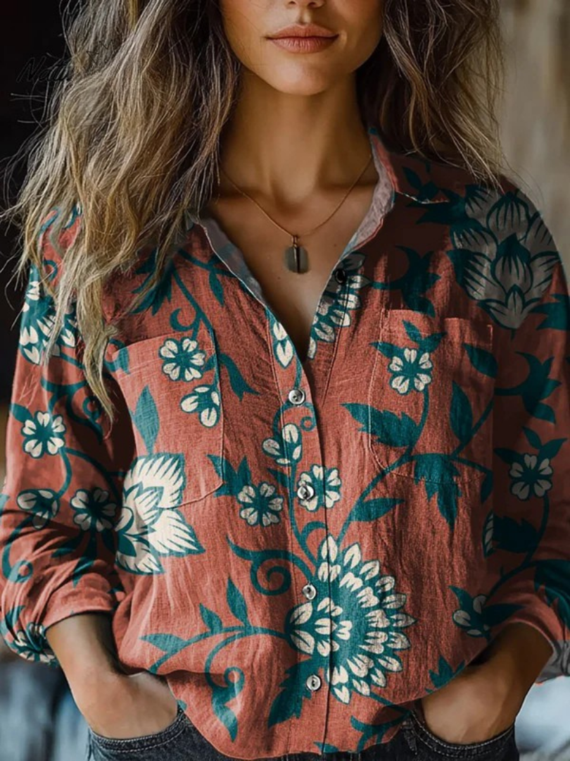 Women's Retro Red Flowers Print Casual Long Sleeve Comfortable Cotton Shirt
