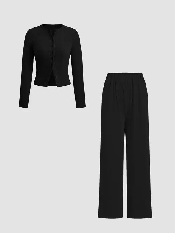 FLORLIE™ - Women’s Ribbed Crop Top & Elastic Waist Pants Casual Set