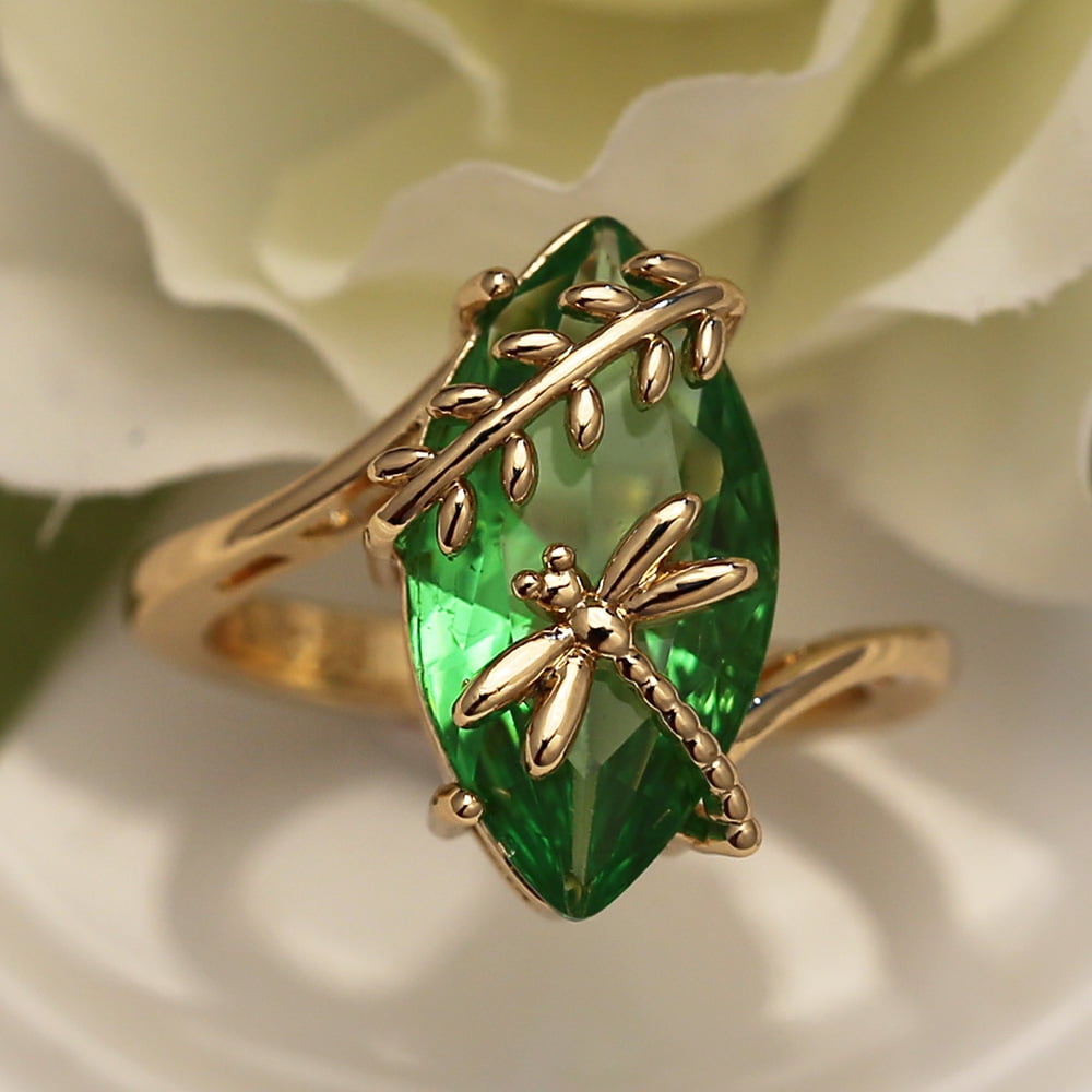Women's Dragonfly Water Olive Green 18 K Gold Plated Ring