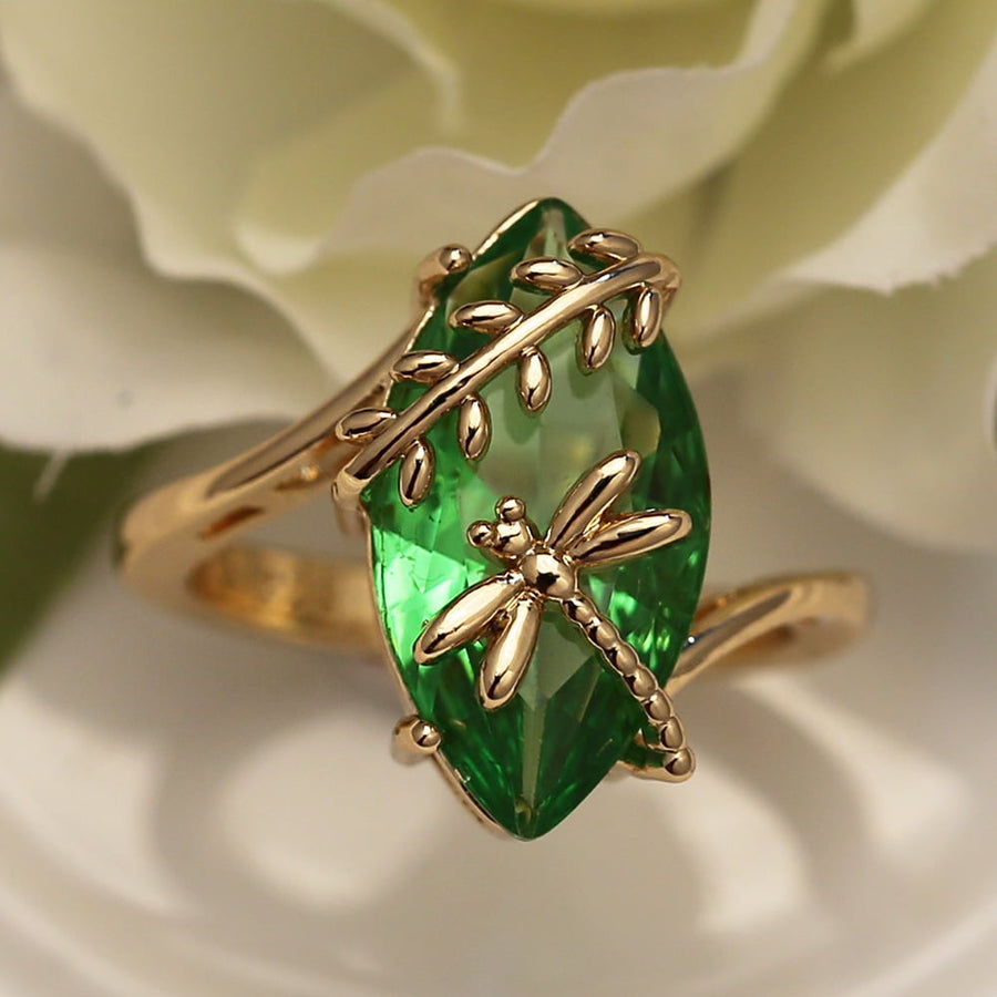 Women's Dragonfly Water Olive Green 18 K Gold Plated Ring
