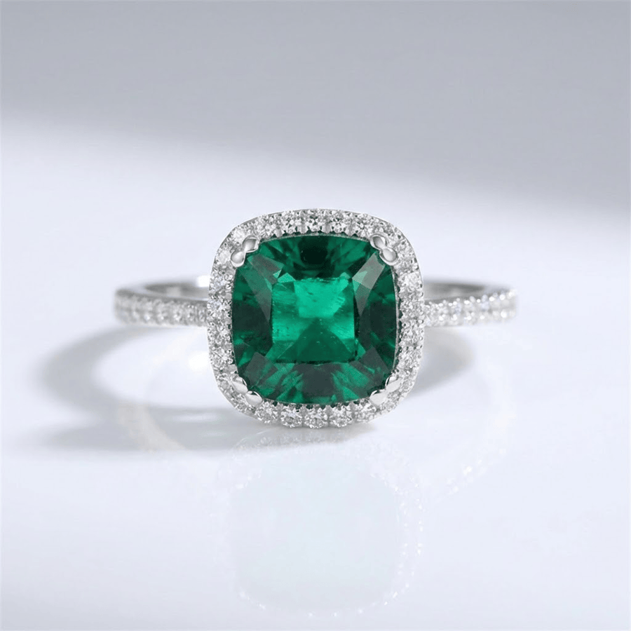 GREEN EMERALD CUSHION HALO RING