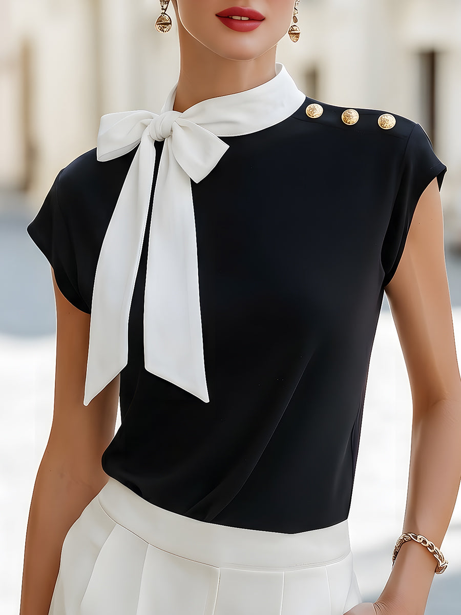 Structured Bow-Tie Cap Sleeve Blouse