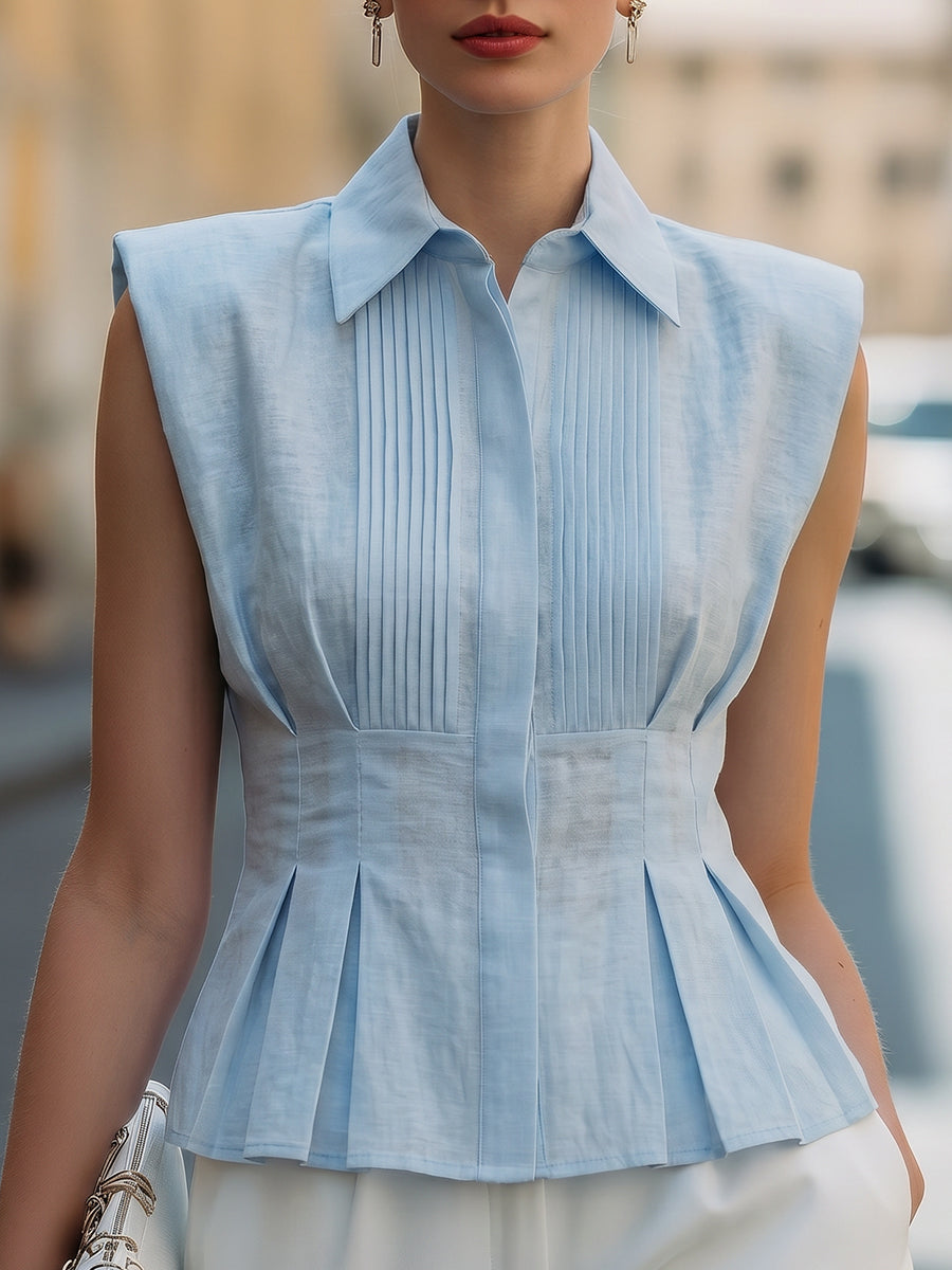 Sleeveless Pleated Button-Front Blouse