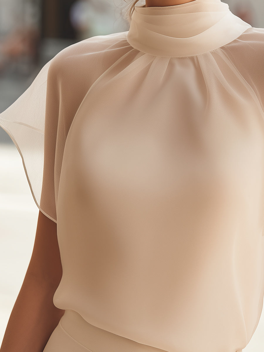 Flutter Sleeve Mock Neck Blouse with Soft Draped Silhouette