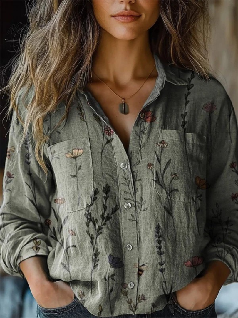 Vintage Style Spring Floral Pattern Printed Women's Casual Long Sleeve Comfortable Cotton Shirt