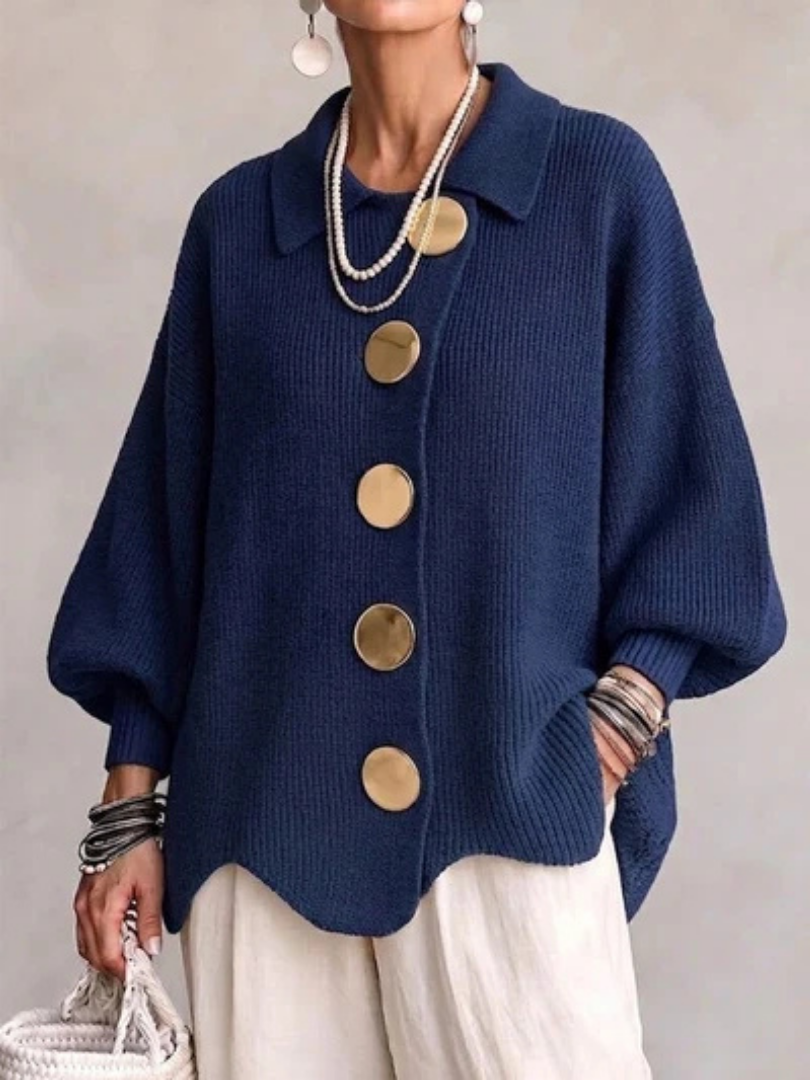 Michele™ | Oversized Collared Cardigan With Large Metal Buttons