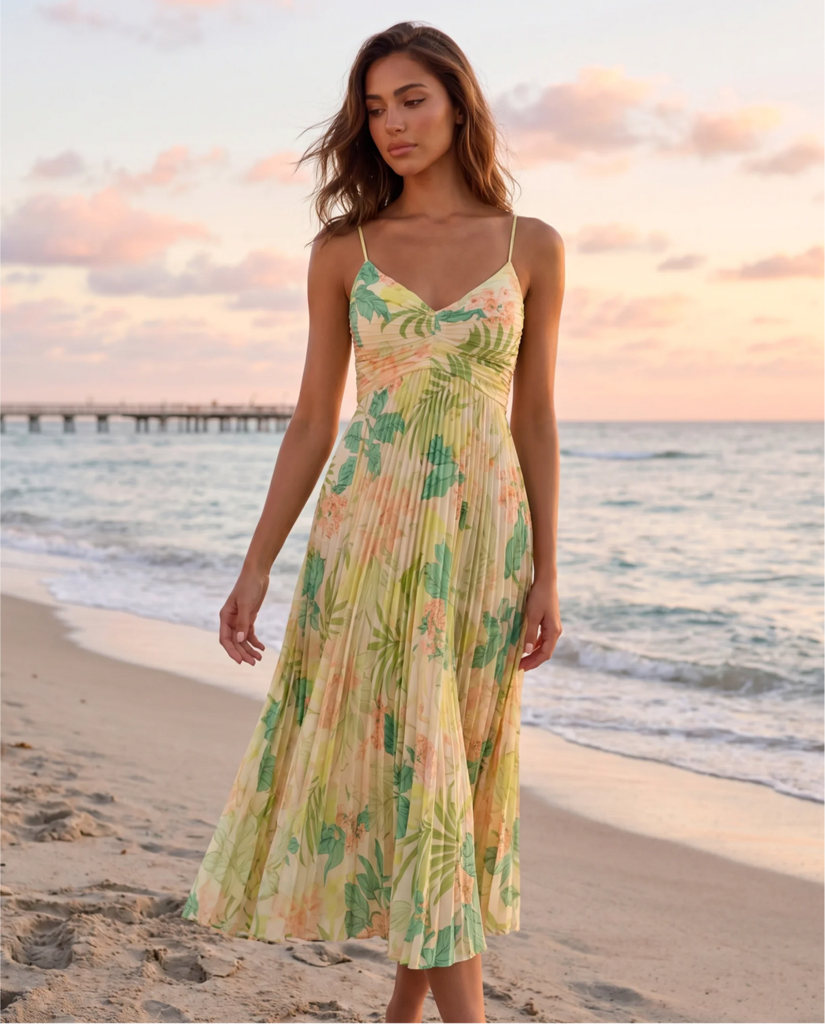 Elviana™ | Floral Pleated Midi Dress