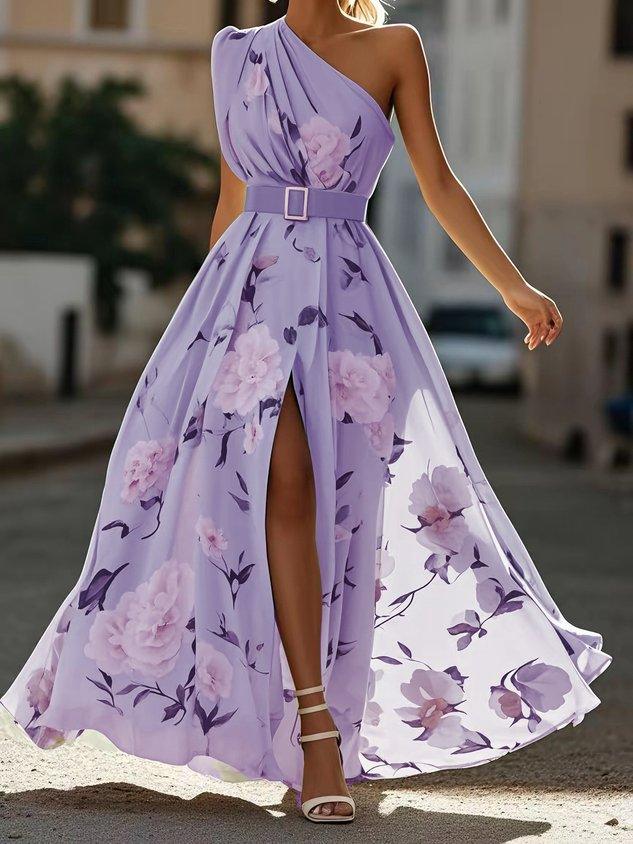 Light Green Floral Ruched One Shoulder A-Line Maxi Chiffon Dress