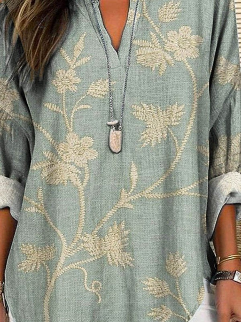 Women's Vintage Lovely Floral Art Print Casual Linen V-neck Shirt