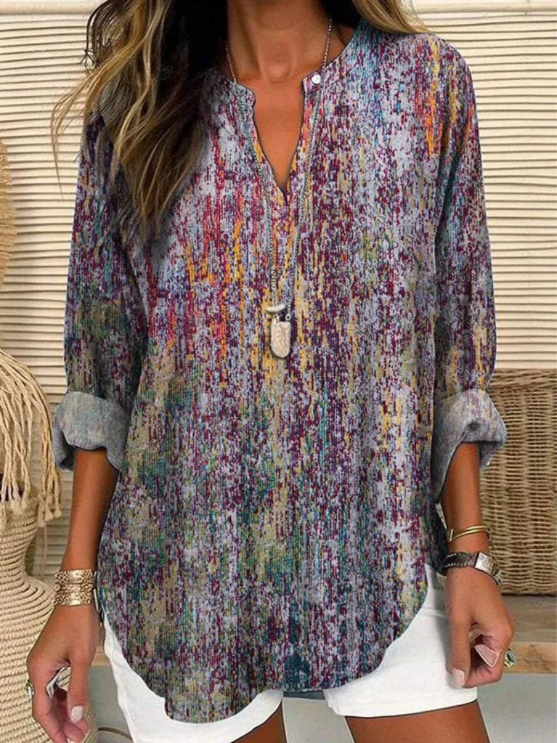 Women's  Retro Art Print Casual Linen V-neck Shirt