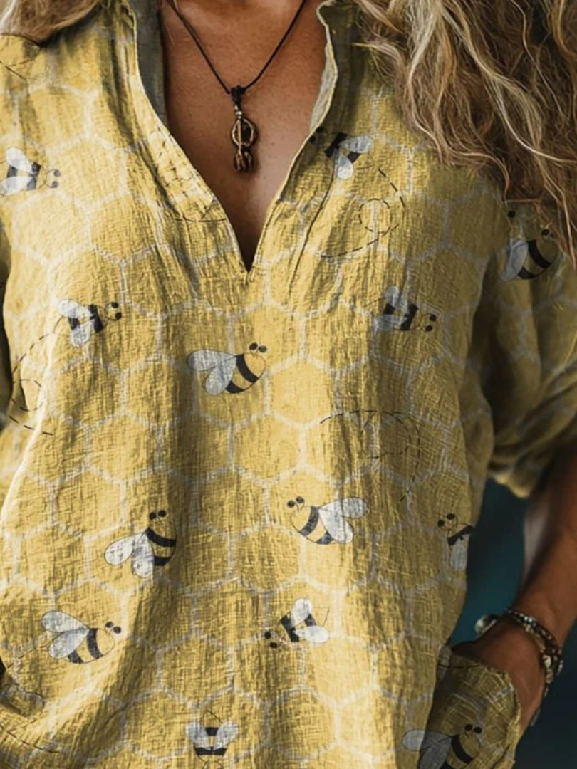 Women's Lovely Bee Art Print Casual Linen V-neck Shirt
