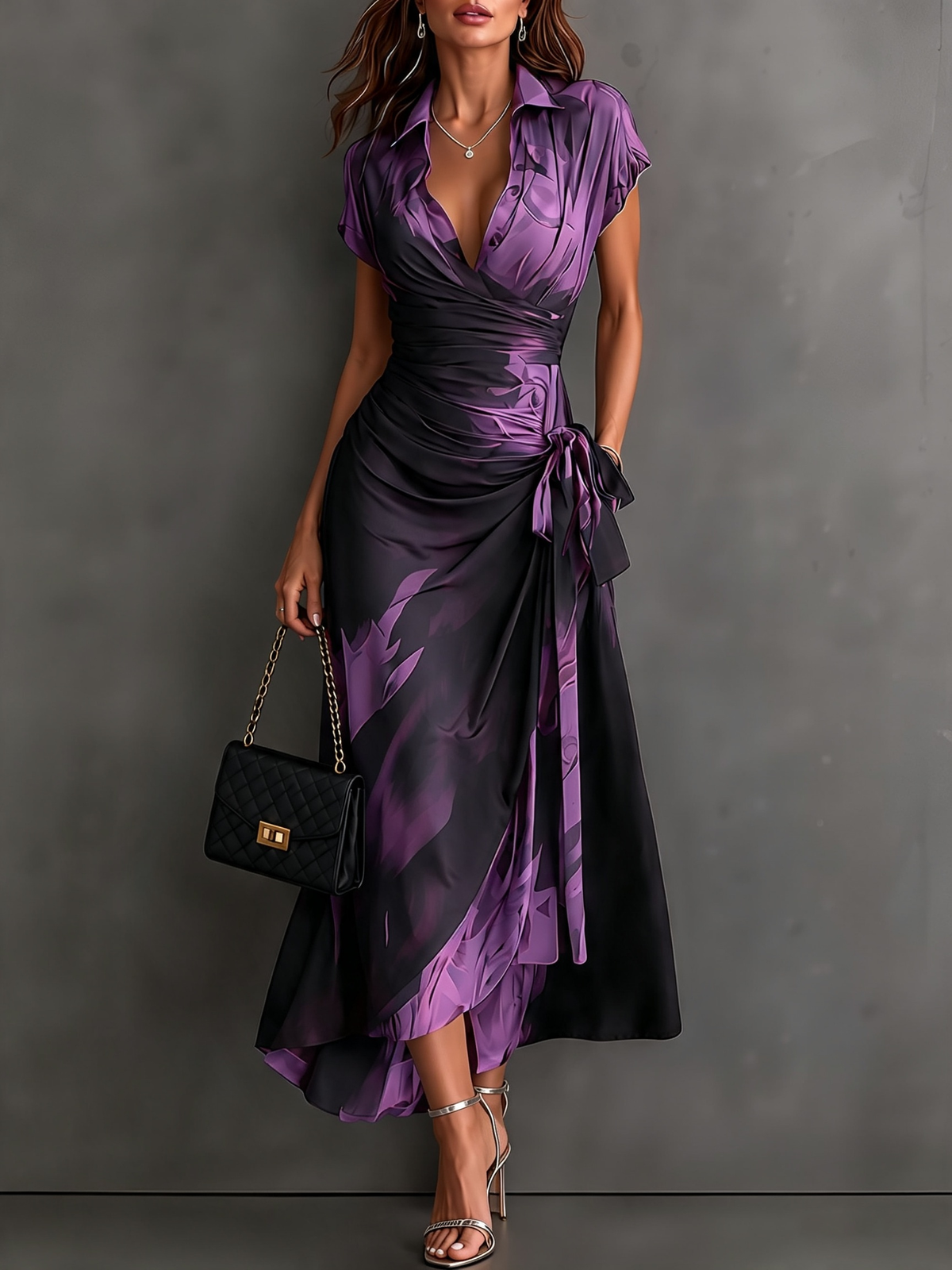 Elisa | Midi Dress in Abstract Print, Purple