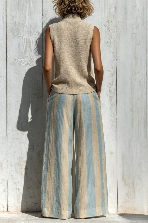 Casual sleeveless top and loose striped trousers set