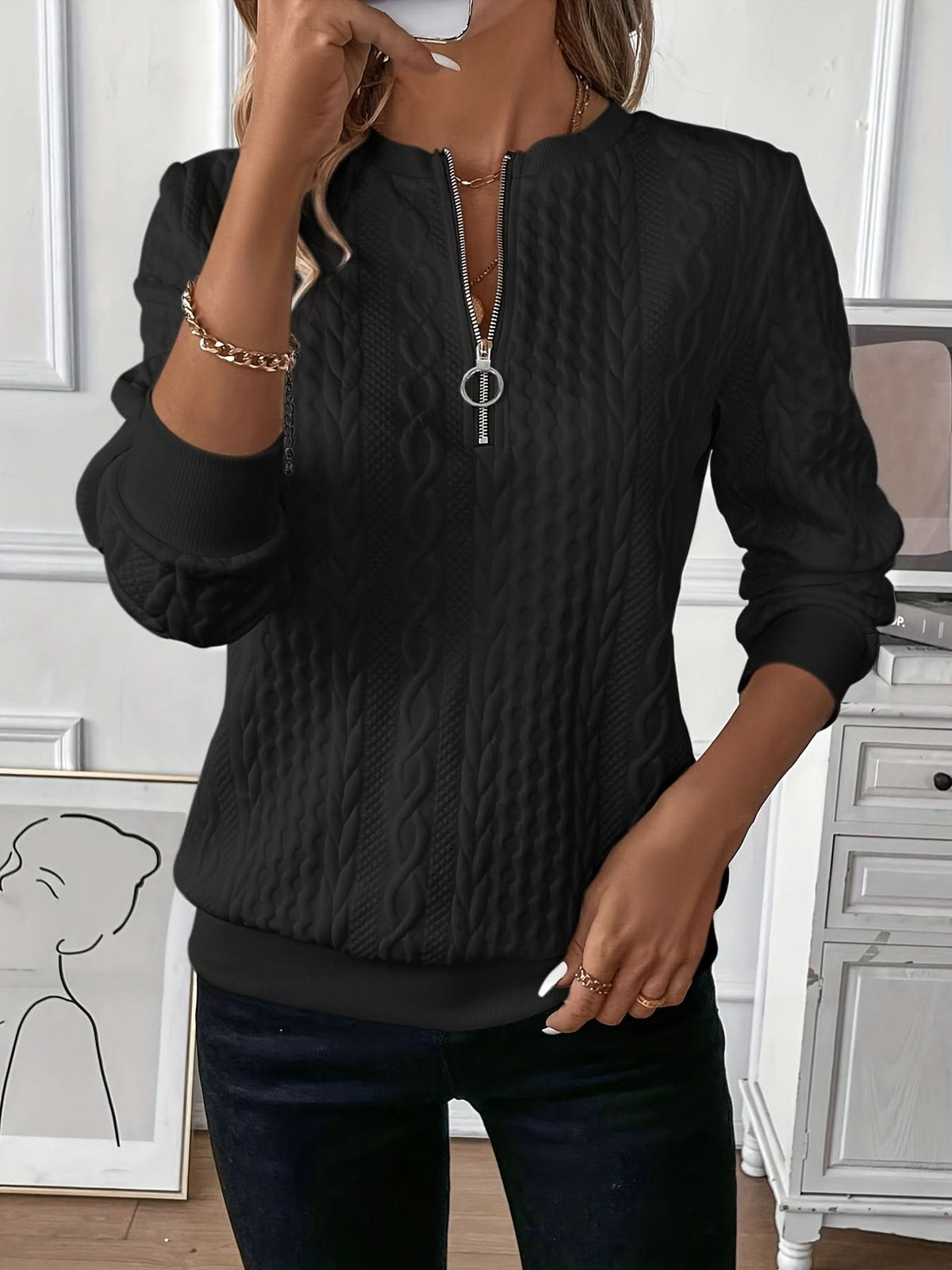 Angela™ | Elegant Textured Zip Front Knit Sweater