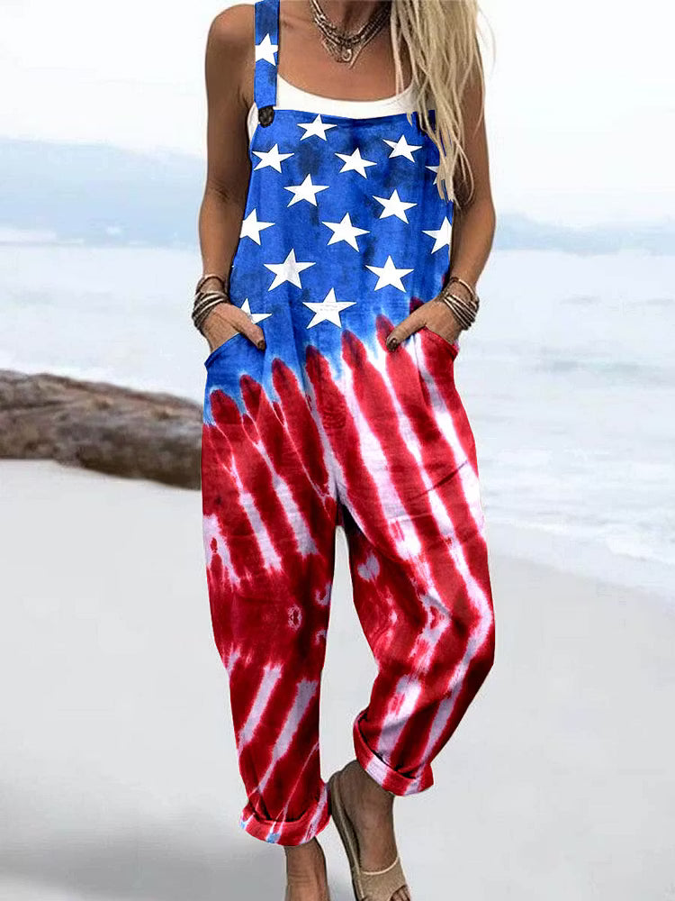 Women's American Flag Tie Dye Print Casual Cotton Wide Leg Jumpsuit