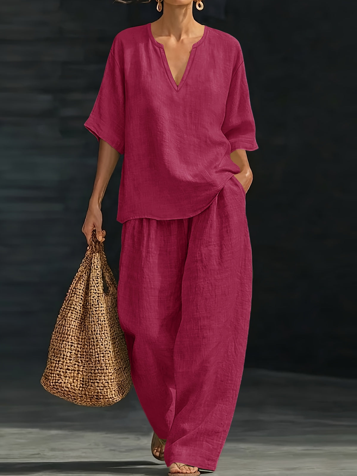 Janette™ | Relaxed V-Neck Two Piece Trouser Set
