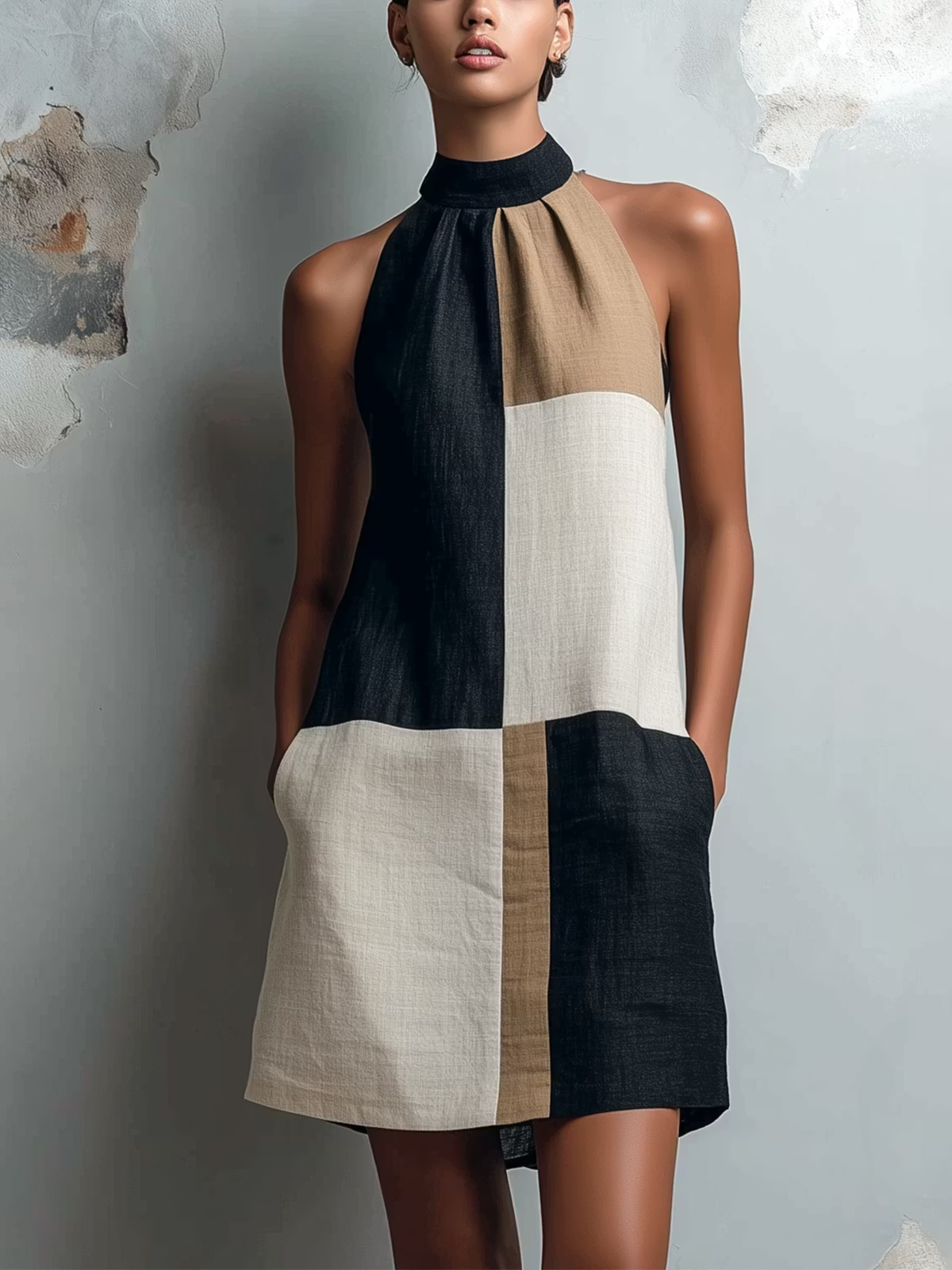 SABRINA | COLOR BLOCK HALTER MINI DRESS