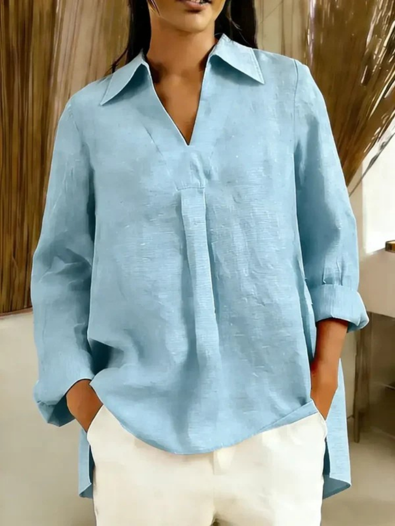 Women's Solid Color V-neck Long-sleeved Casual Loose Cotton And Linen Top