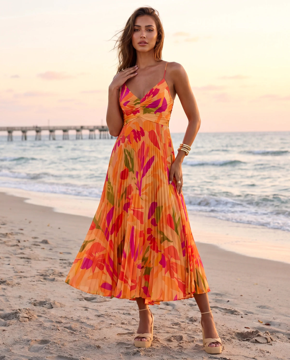 Madison™ | Tropical Print Pleated Midi Dress