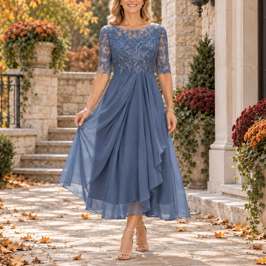 Mariah | Lace Bodice Draped Midi Dress