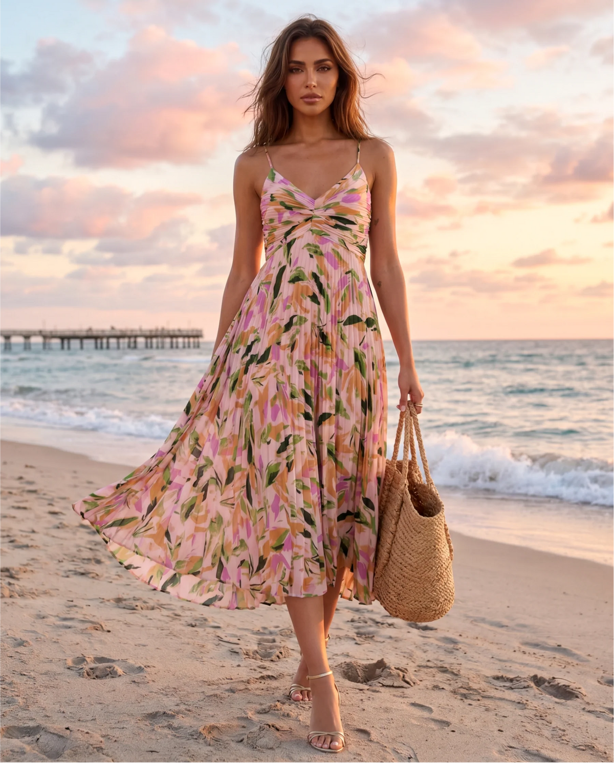 Hannah™ | Multicolor Abstract Floral Pleated Midi Dress