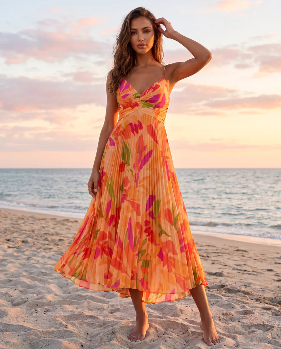 Madison™ | Tropical Print Pleated Midi Dress