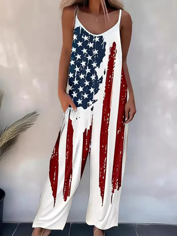 Women'S Independence Flag Print Casual Cotton Wide Leg Jumpsuit