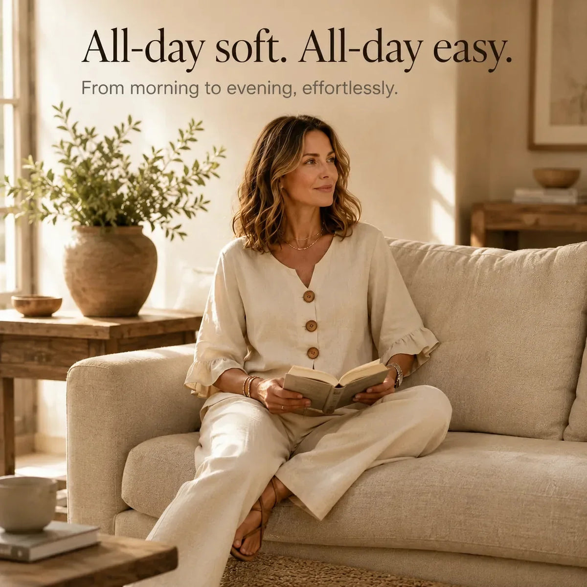 Lunavia | Linen-Look Two-Piece Set with Ruffle Sleeves and Wide-Leg Pants
