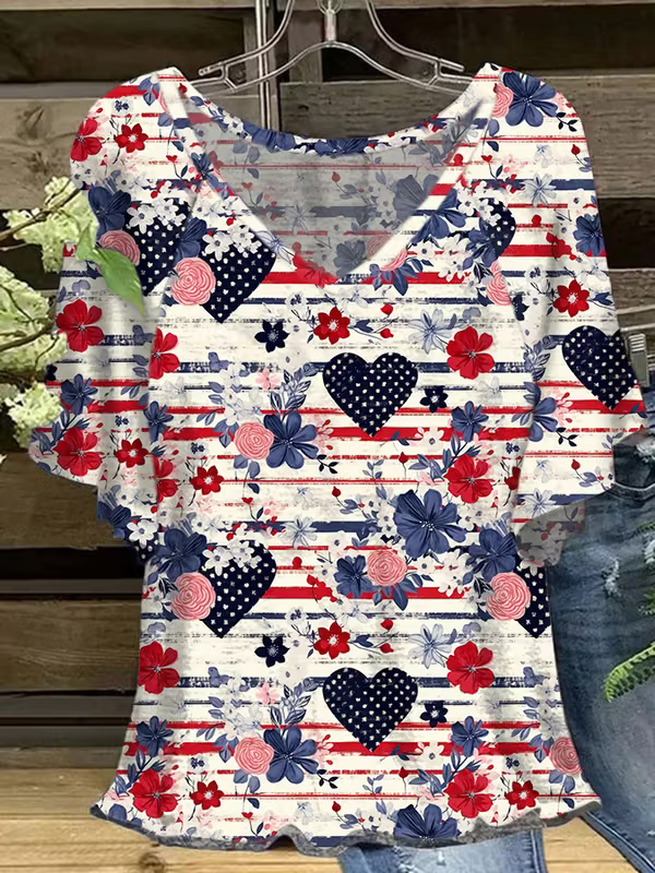 Women's Casual Independence Day Graphic Print V-Neck T-Shirt