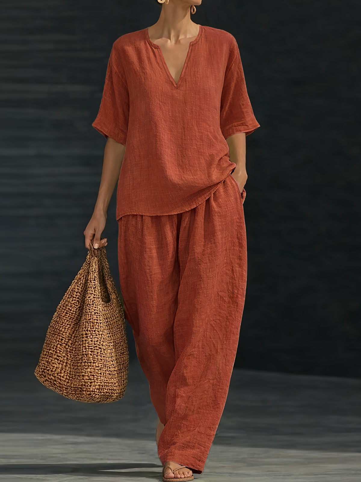 Janette™ | Relaxed V-Neck Two Piece Trouser Set