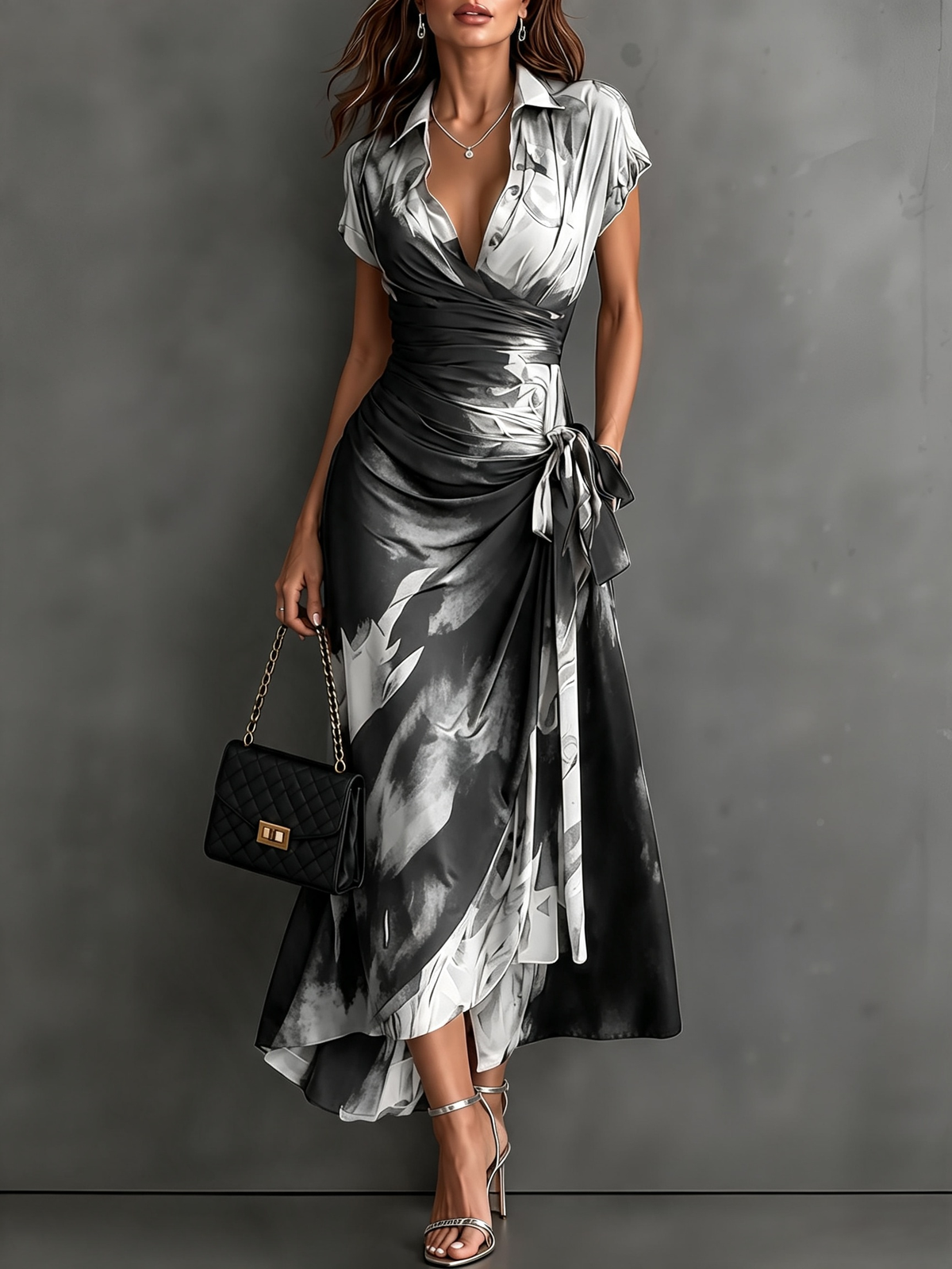 Carlotta | Midi Dress in Abstract Print, Black and White