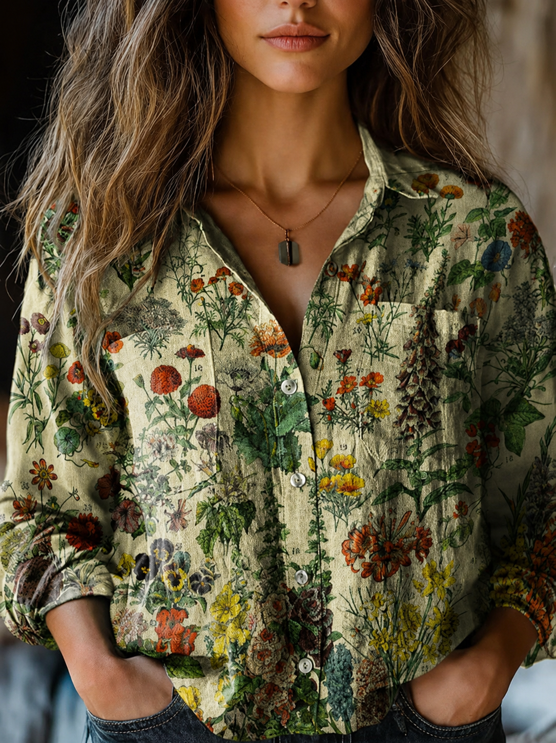 Women's Vintage Lovely Floral Art Print Casual Long Sleeve Comfortable Cotton Shirt
