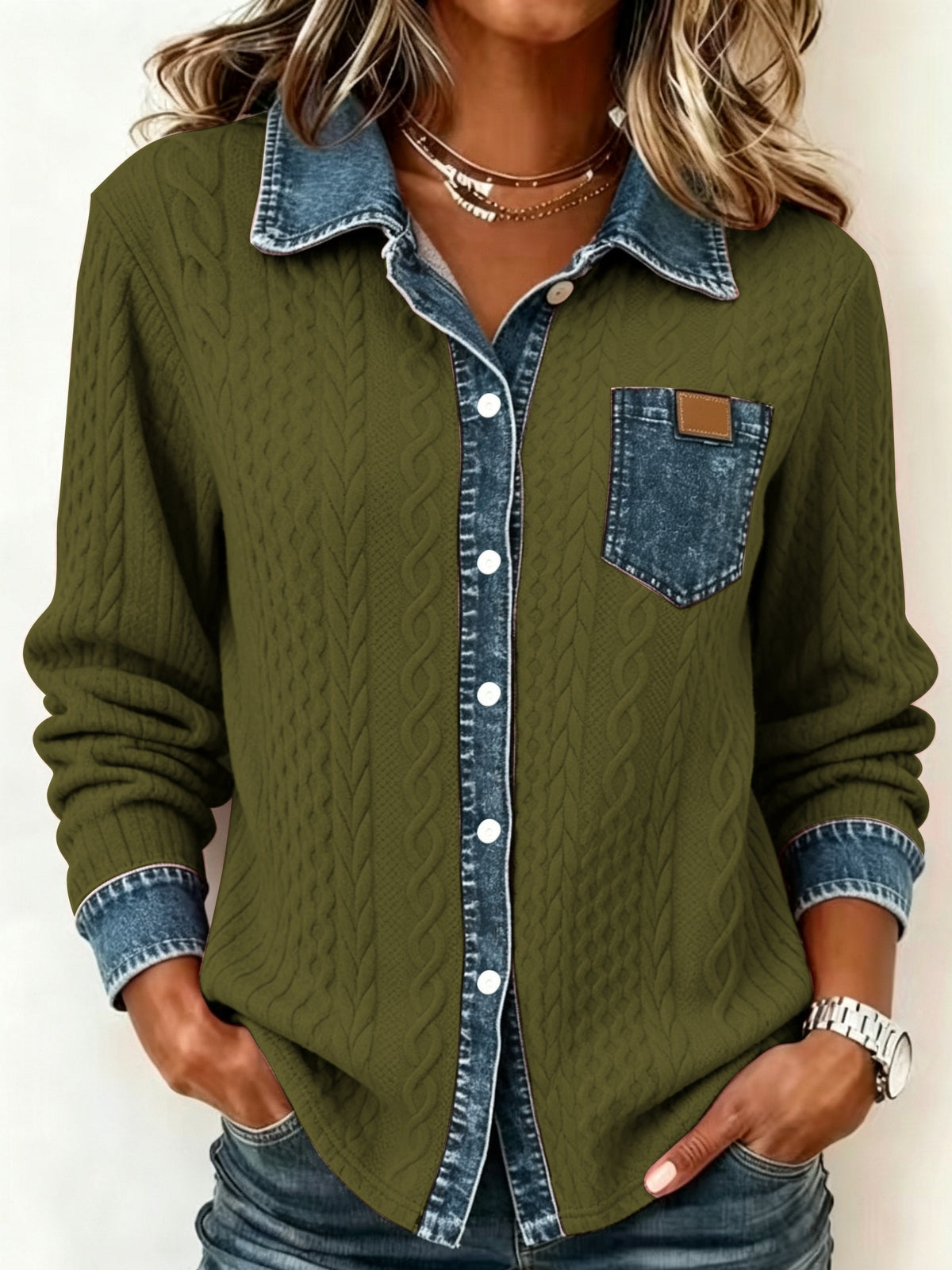 Brandi™ | Casual Denim Trim Cable Knit Shirt