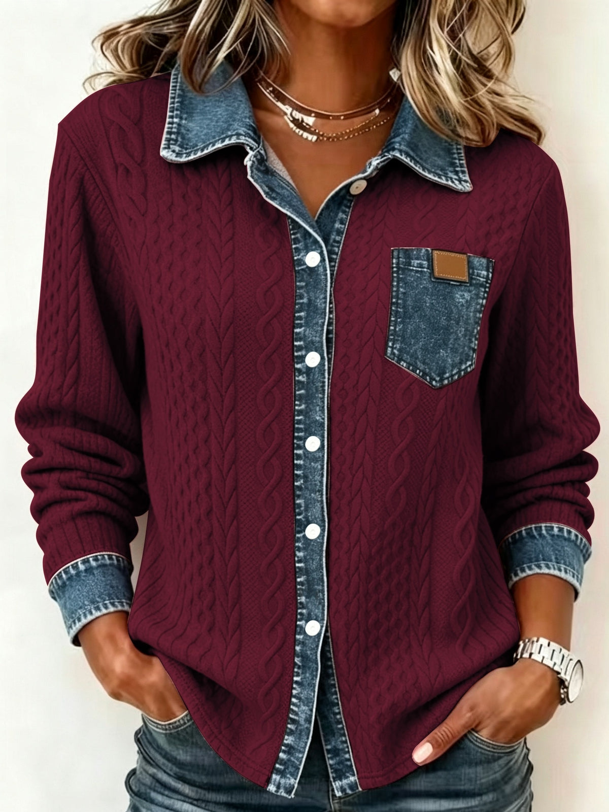 Brandi™ | Casual Denim Trim Cable Knit Shirt