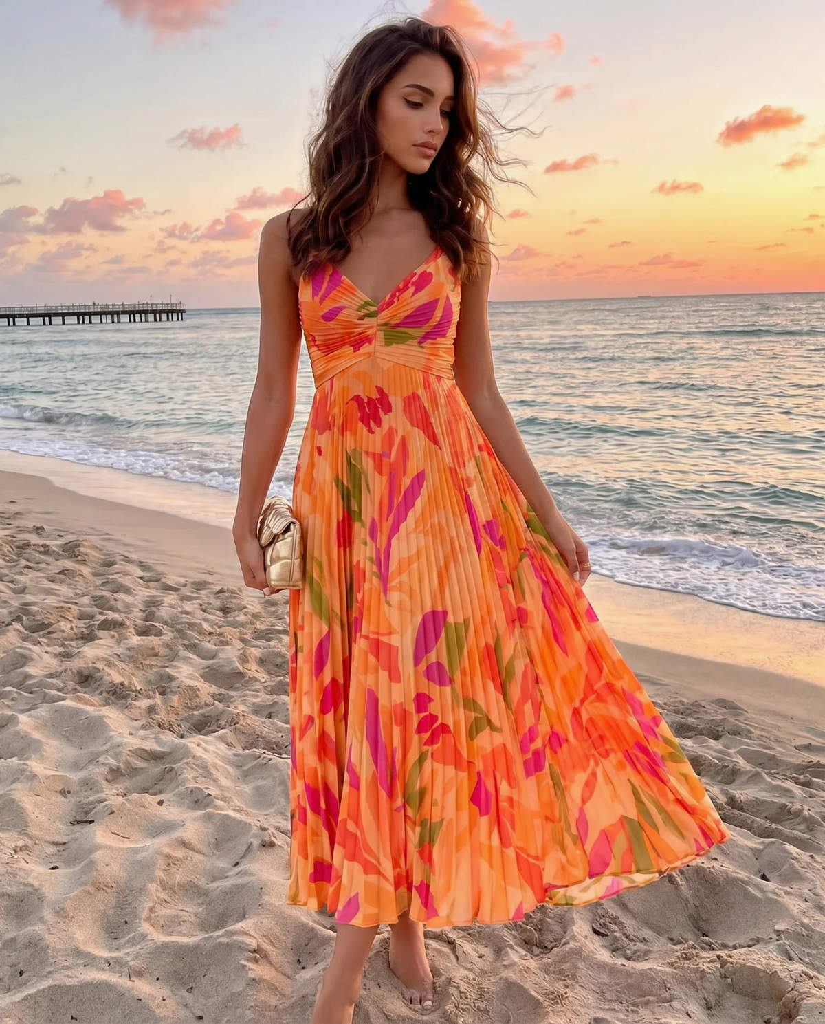 Madison™ | Tropical Print Pleated Midi Dress