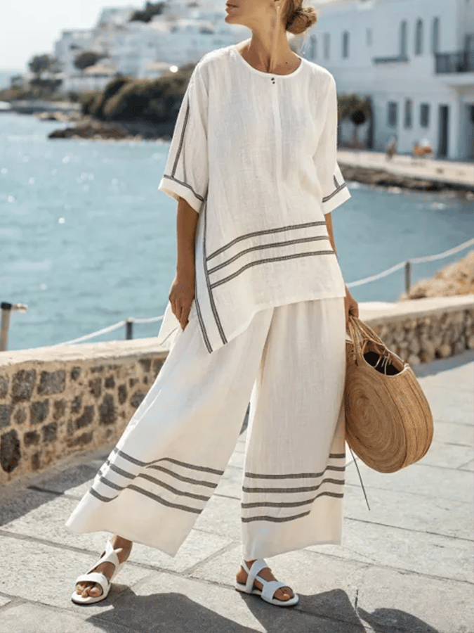 Women'S Loose Slit Irregular Striped Pants Set