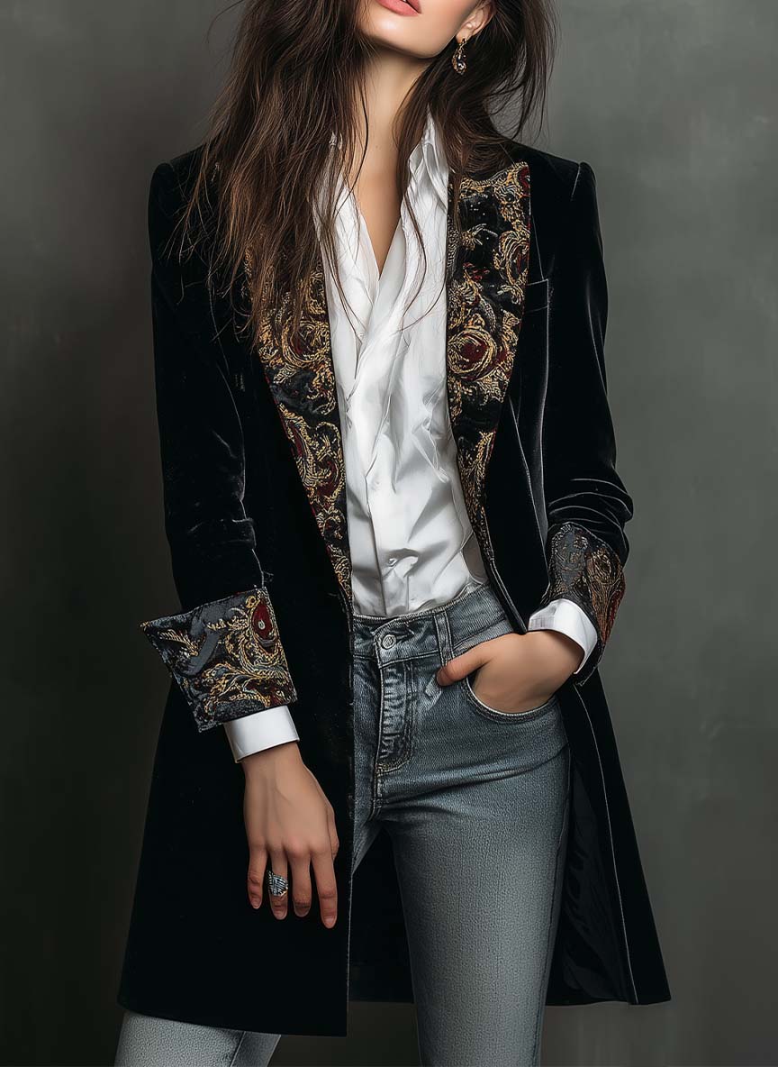 Léontine | Fitted Black Baroque Print Blazer