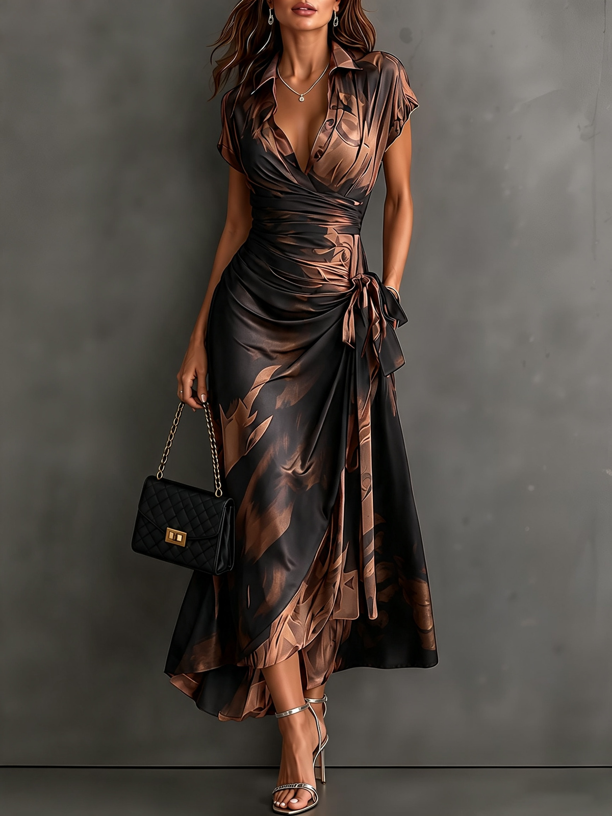 Francesca | Midi Dress in Abstract Print, Brown