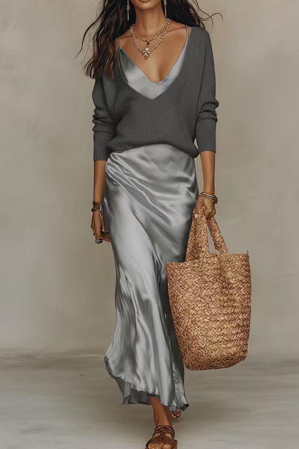 Jessa | V-Neck Sweater & Satin Maxi Dress Set