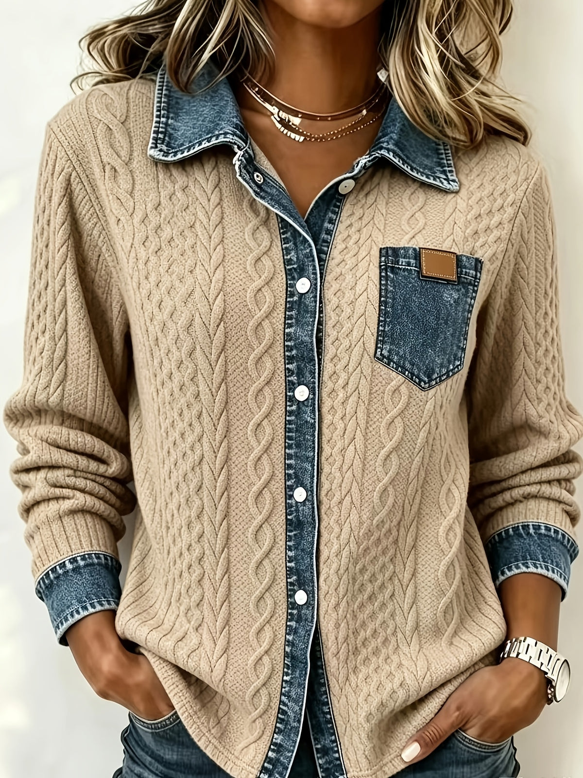 Brandi™ | Casual Denim Trim Cable Knit Shirt