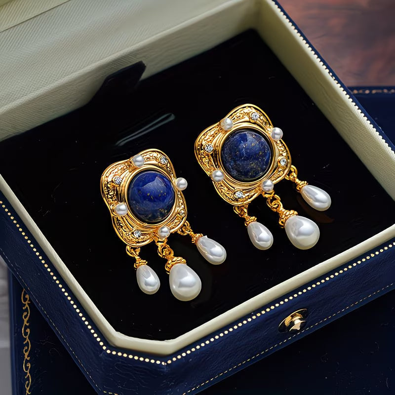 Royal Blue Pearl Chandelier Earrings