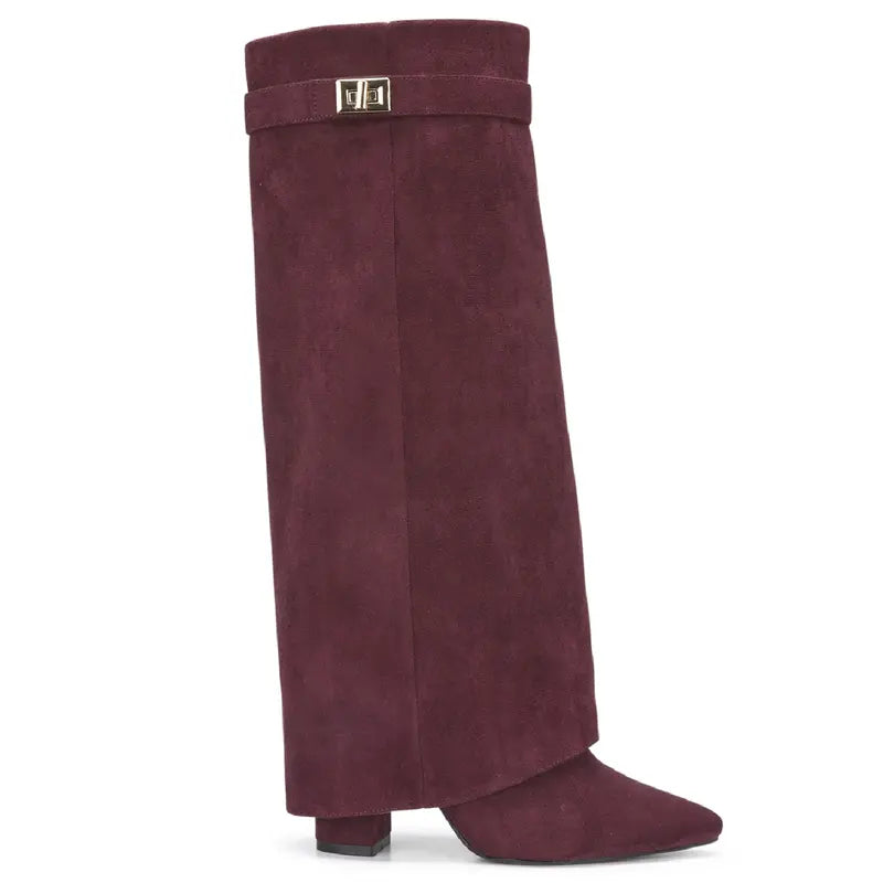 SARAH™ - 4-Inch Heel Suede Long Heeled Fold-Over Buckle Boots for Women Stylish Walking Shoes