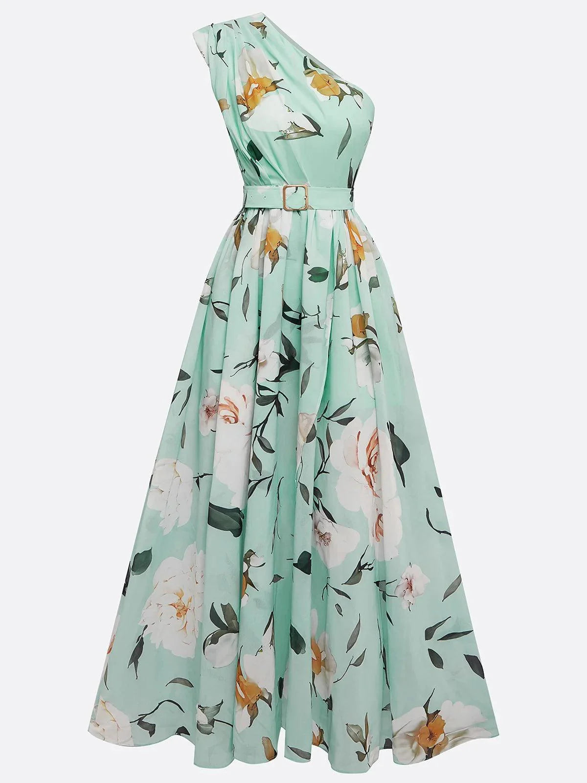 Light Green Floral Ruched One Shoulder A-Line Maxi Chiffon Dress