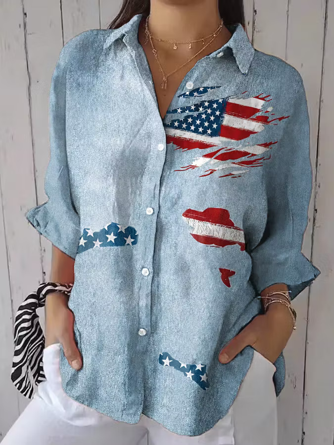 Women's Independence Day Vintage Flag Design Printed Casual Shirt