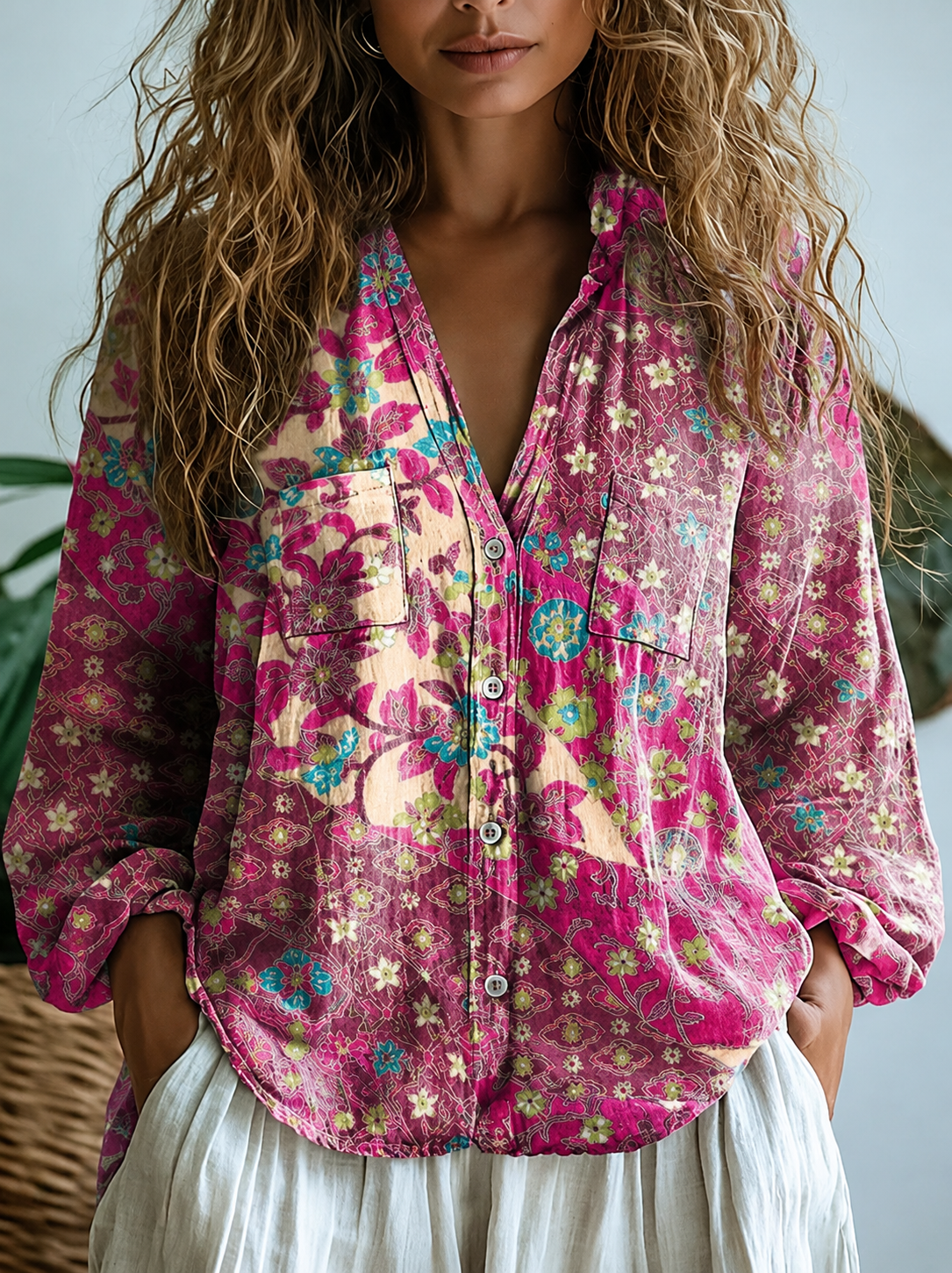 Women's Vintage Floral Art Print Casual Long Sleeve Comfortable Cotton Shirt